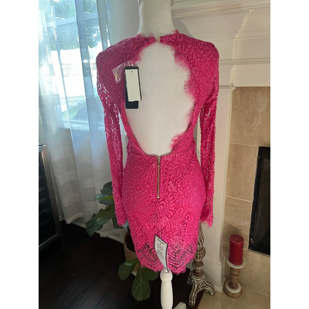 BEBE Lace Plunge-Neck Cutout-Back Mini Dress